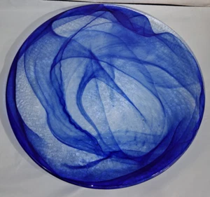 Vintage Hand Blown Blue Swirl Platter Plate Giant Centerpiece - 15" - Picture 1 of 5