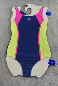Speedo girls Large swimsuit one piece navy blue neon pink and yellow tank T back - Picture 1 of 3