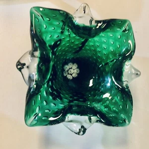 VINTAGE ART GLASS BULLICANTE CONTROLLED BUBBLE 7” DISH GREEN MILLEFIORI - Picture 1 of 10