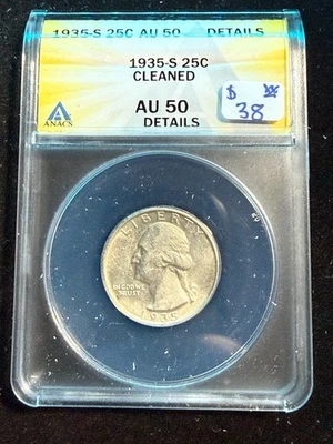 1935 S WASHINGTON QUARTER ANACS AU 50 DETAILS CLEANED - Image 1 of 4