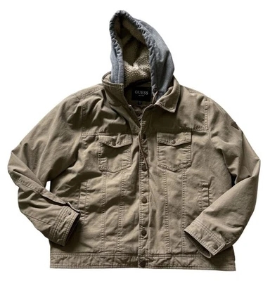 Guess Hombres XXL Chaqueta Caqui Gris Capucha Bolsillos Cierre a Presión Foto 1 de 4