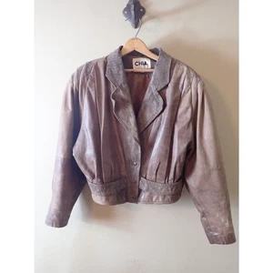 Chia Vintage 80er Cropped Lederjacke Mantel Druckknopf Retro Braun Large  - Bild 1 von 16