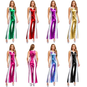 Womens Bodysuit Metallic Rompers Bell Bottom Jumpsuit Halloween Dancewear Rave - Picture 1 of 90