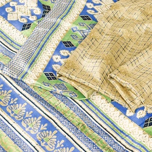 Sanskriti Vintage Beige Sarees Moss Crepe Printed Sari Decor 5+Yd Craft Fabric - Picture 1 of 12