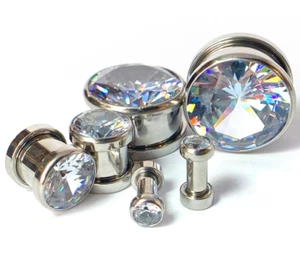 PAIR Large Gem Screw Fit Tunnels Ear Plugs Gauges Pierced Piercing Body Jewelry - Picture 1 of 8