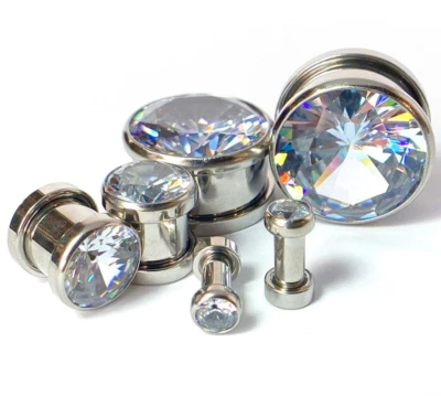 PAIR Large Gem Screw Fit Tunnels Ear Plugs Gauges Pierced Piercing Body Jewelry - Image 1 of 4