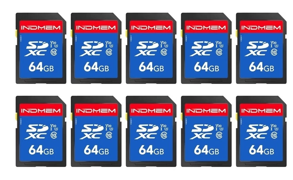 INDMEM 64GB SD Card 10pack, C10, U3, V30, High Speed up to 90M/S SDXC UHS-I - Image 1 of 1