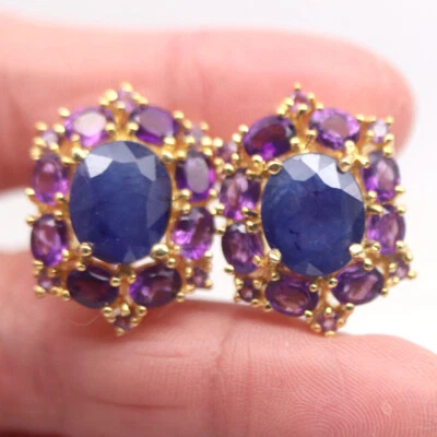 Calefacción 9 x 11 mm. Pendientes de plata de ley 925 con zafiro azul y amatista púrpura Foto 1 de 4
