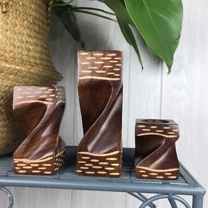 Vintage Mango Wood Votive Candle Holders Carved Set Of Three Twist Tea Light MCM - Picture 1 of 10