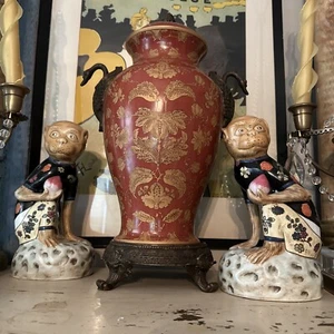 Antico Coppia Statuine Dinastia Cinese Porcellana Scimmia Portapesca Set Dinastia Qing - Foto 1 di 19