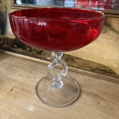 Mid Century Modern Italian Ruby Glass Pedistal Candy Dish Stamped Venetian - image 1 of 4