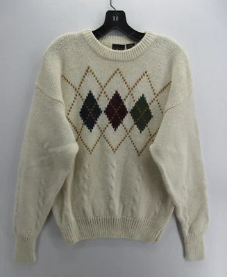 VINTAGE Structure Sweater Men Large White Argyle Pullover Cable Knit 90s Ramie - Image 1 of 4