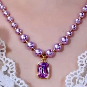 Luxurious Purple Pearl Necklace with square pendant - Boho-Chic ,Versatile - Picture 1 of 5
