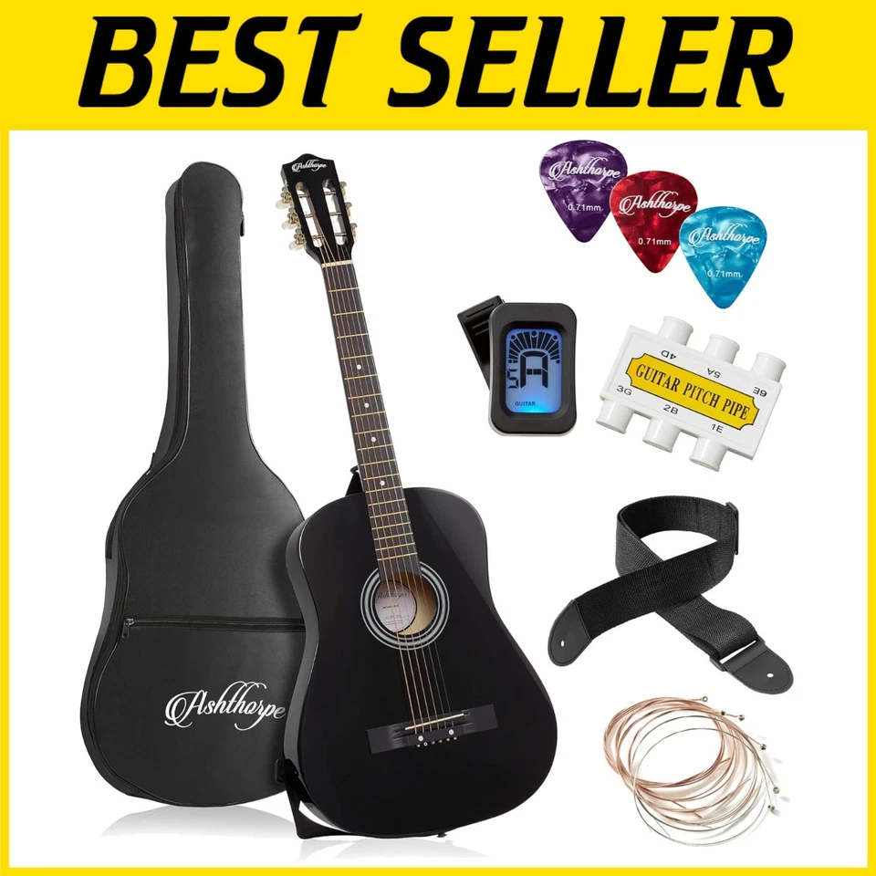 Black Acoustic Guitar Beginner Kit 38" with Gig Bag & Tuner - Image 1 of 4