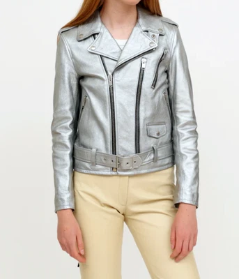 Chaqueta de bombardero de motociclista plateada para mujer elegante abrigo de cuero de oveja real Foto 1 de 4