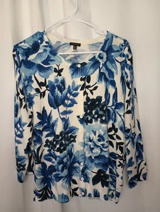Talbots Watercolor Floral Cardigan XLP Blue White Bloomcore Spring Cottage - Picture 1 of 9