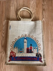 Earthbags London Jutebeutel - Big Ben - Sackleinen Brotzeittasche Holzgriffe - Bild 1 von 4