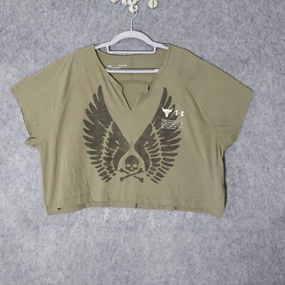 Project Rock Women Top XL Under Armour  Wings Skull Cropped Combat Olive Workout - Image 1 of 4