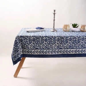 Indigo Blue Indian Block Print Floral Tablecloth Home Decor Dining Kitchen Cover - Picture 1 of 5