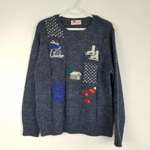 Vintage Collections II Women's Sweater Size 46 Blue Ski People Crochet Blocked - Picture 1 of 7