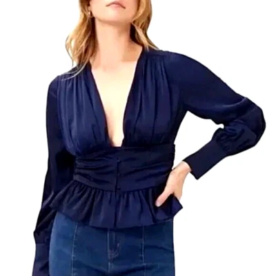 Женский топ Jason Wu размер XS синий атласный с оборками пеплум с V-образным вырезом блузка на пуговицах - Изображение 1 из 4