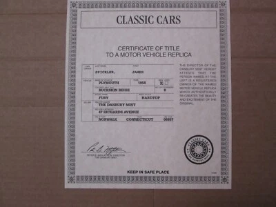 Papeleo Danbury Mint 1958 Plymouth Fury techo rígido Foto 1 de 2