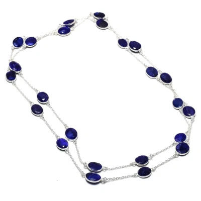 多面蓝色蓝宝石宝石 925 纯银礼品珠宝项链 36" H40 — 第 1/4 张图片