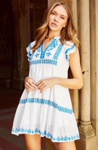 NWT Love The Label Ember Mini Cotton Dress White/Blue Sz Medium - Picture 1 of 8