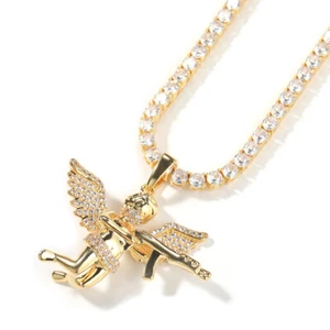 Angel With Gun Hip hop Jewelry Gold Filled Full Pave CZ Zircons Pendant Necklace - Picture 1 of 9