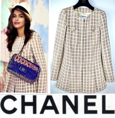 Chaqueta Larga 7K Chanel 2017 Blanco Tostado Cuba Tweed Lesage 34 36 2 4 6 Abrigo Logo S M Foto 1 de 4