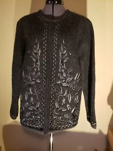 CARDIGAN DONNA LINEA GRIGIO ISLANDESE APERTO MAGLIONE GIACCA LANA RICAMATO S - Foto 1 di 4