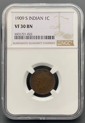 1909 S Indian Head 1 Cent, Penny  NGC VF-30 Brown, Low Mintage Key Date Coin - Image 1 of 4