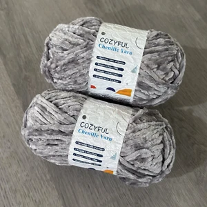 Cozyful Super Soft Chenille Yarn Lot of 2 Skeins Gray Non-Shedding Crochet Yarn - Picture 1 of 2
