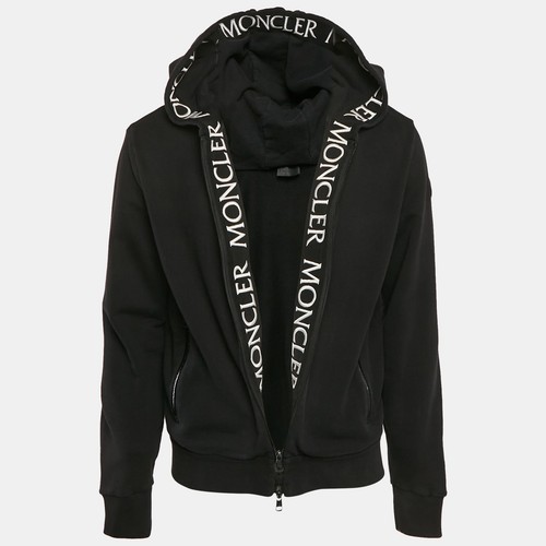 Moncler Cardigan Nero Logo Ricamato Cotone Maglia Manglia Felpa con Cappuccio L
