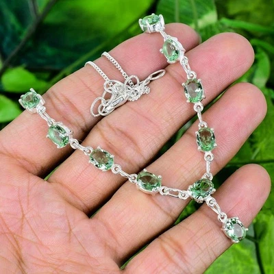 Green Amethyst Gemstone 925 Sterling Silver Jewelry Necklace Size-17-18" - Image 1 of 4