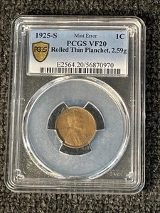 1925 s Rolled Thin Planchet Wheat Lincoln Cent PCGS VF 20 2.59 Grams Mint Error! - Picture 1 of 5