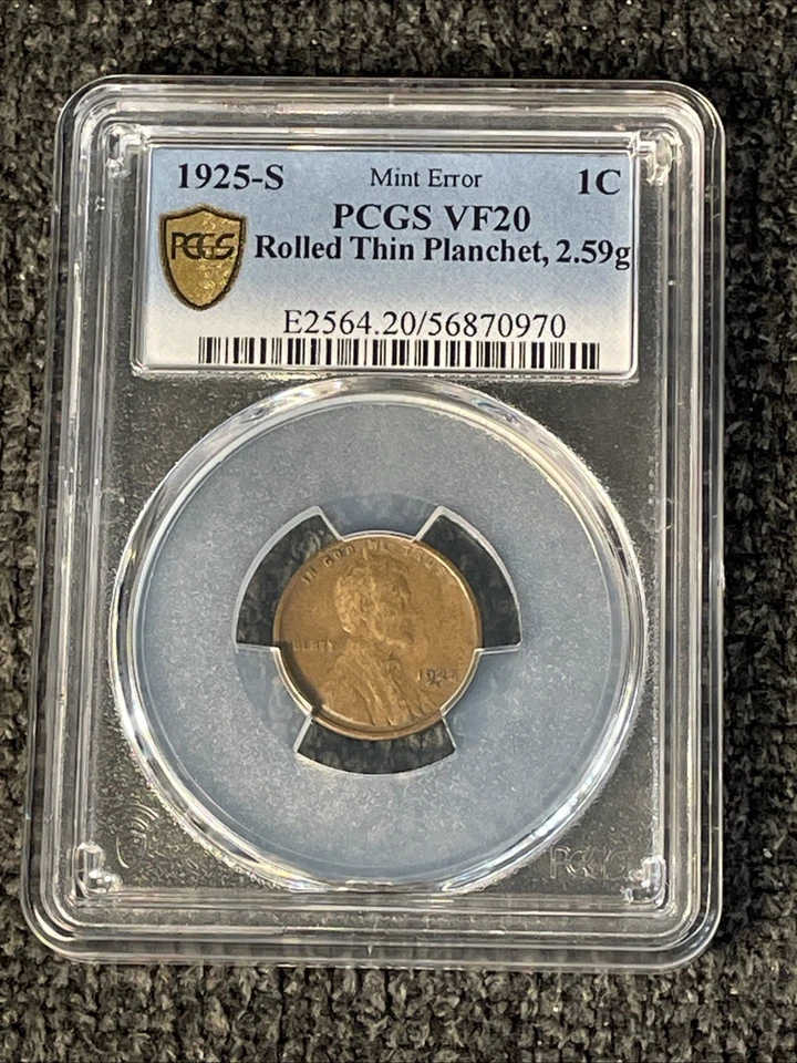 1925 s Rolled Thin Planchet Wheat Lincoln Cent PCGS VF 20 2.59 Grams Mint Error! - Image 1 of 4