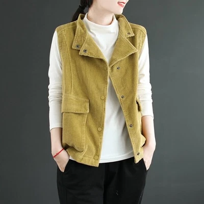 Nuevo Chaleco de Pana para Mujer Chaqueta Abrigo Chaleco Chaleco Cuello Soporte Talla Grande Foto 1 de 4