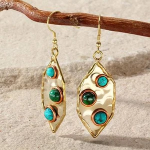New Tara Mesa Turquoise & Malachite Studded Marquise Earrings - Picture 1 of 1