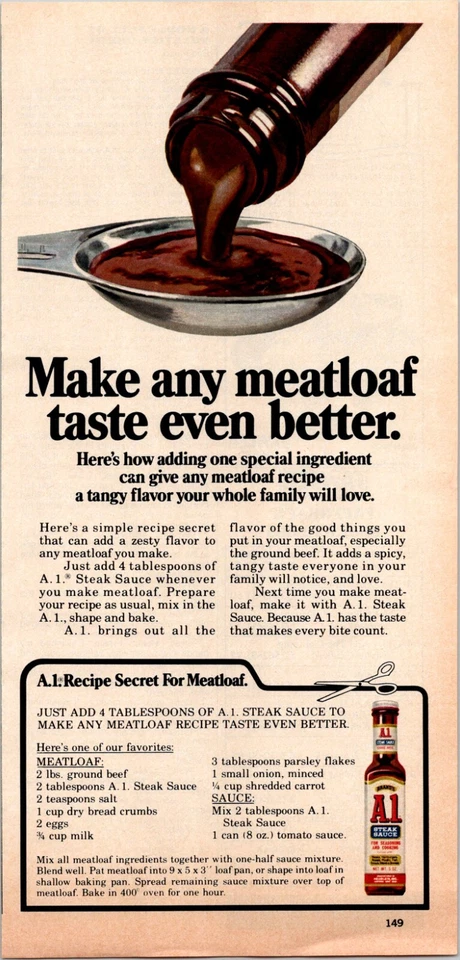 PRINT AD 1975 A1 Steak Sauce Make Any Meatloaf Taste Even Better 5 x 11 - Image 1 of 1