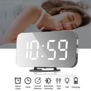 Digital LED Alarm Clock 12/24 Hour Display Mirror Snooze 2 USB Port Night Light - Picture 1 of 35