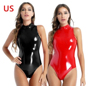 Body de mujer con cremallera trasera cuello falso traje de gato aspecto húmedo charol leotardo - Imagen 1 de 32