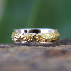 Hawaiian Silver Gold Plated Scroll Flower Wedding Double Ring Band 6mm SR3345