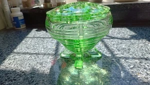 Art Deco Schale grün Depression Glas Fuß Rose Posy Bowl mit Frosch Vintage - Bild 1 von 6