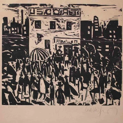 Kurt Mühlenhaupt Flohmarkt Berliner Malerpoeten sign Holzschnitt 1984 217/250 - Bild 1 von 4