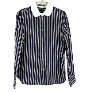 Lauren Ralph Lauren Pinstripe Button Up Peter Pan Collar Blouse Boardroom Office - Picture 1 of 13