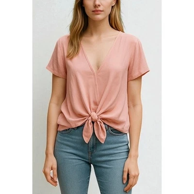 NWT Boohoo Chiffon Tie-Front Bodysuit Blouse Rose Pink Short Sleeve Size 12 - Image 1 of 4