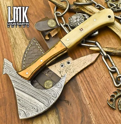 LMK Hand Crafted Clever Chopper Axe Knife Twist Damascus Bone Outdoor - Image 1 of 4