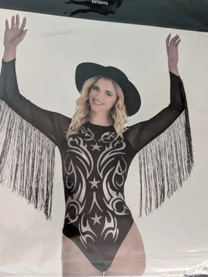 Black Fringe Bodysuit Adult Small Tribal Star Western Cowgirl Costume Leotard - Image 1 of 4