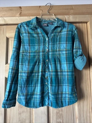 White Sierra Women's Long-Tab Sleeve Plaid Pleat Front Lined Shirt Sz Medium - Image 1 of 4